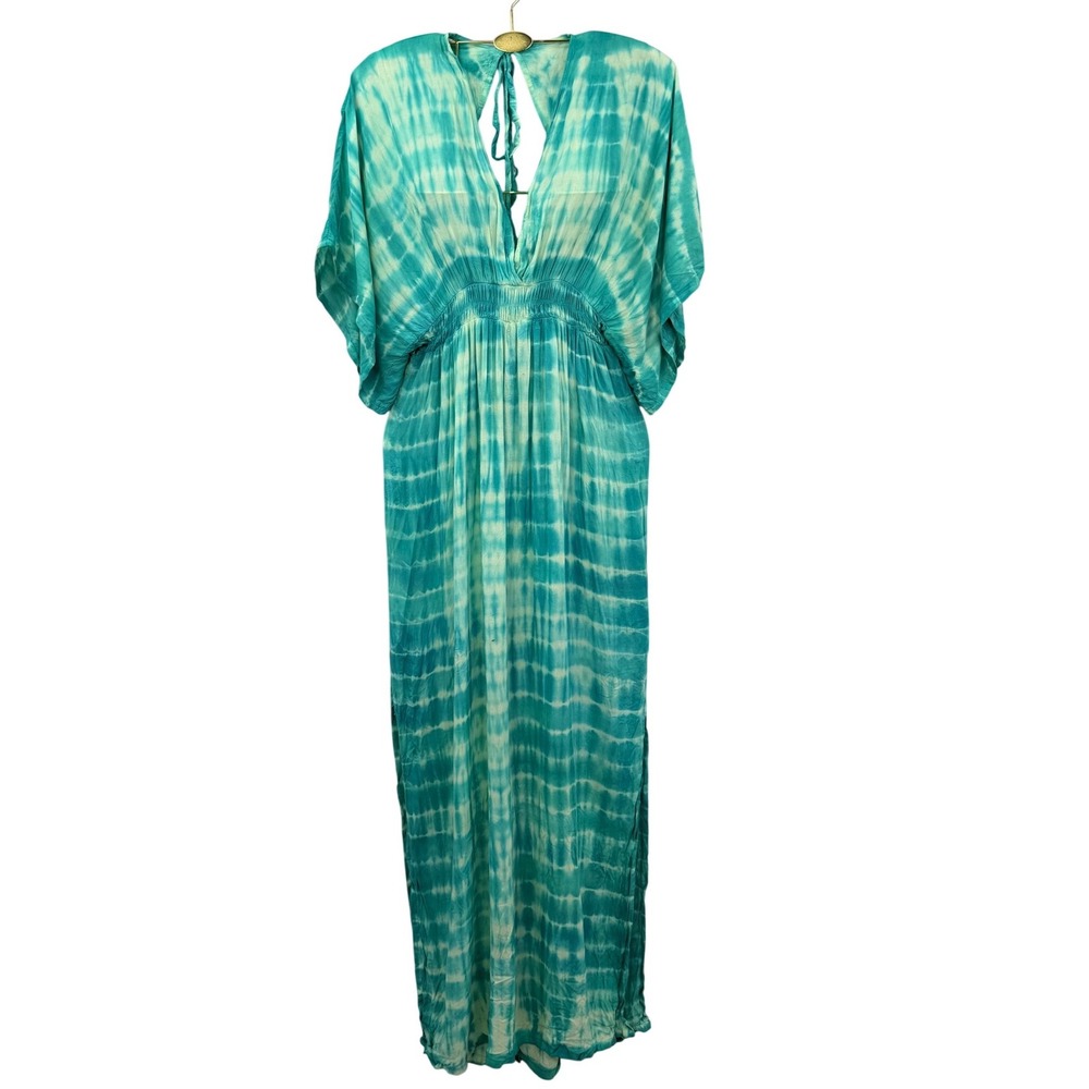 Tiare Hawaii Teal Tie Dye Maxi Dress Deep V Open Back Tassel Boho OS
